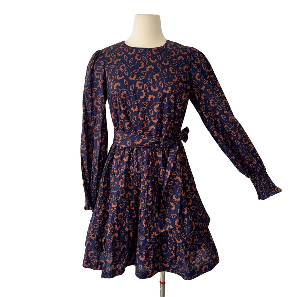 Boden Lyla Long Sleeve Tiered Dress in French Navy Floral Leaf US 6R NWT